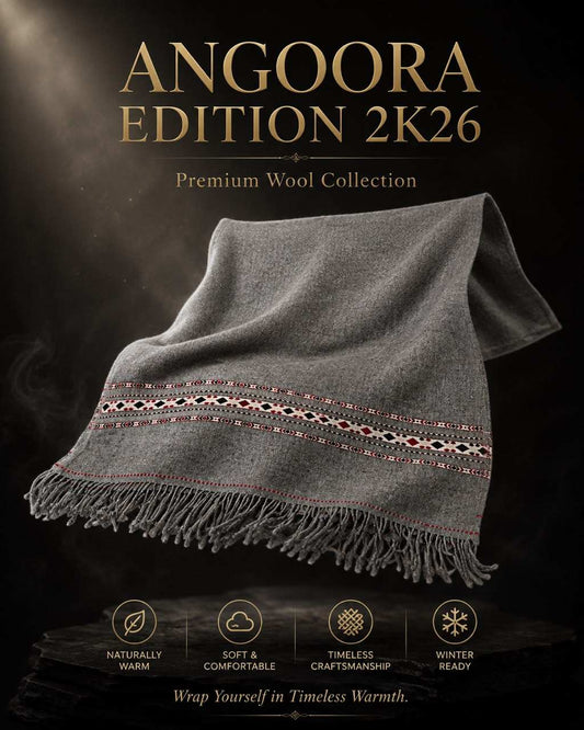 Angoora Edition 2K26 grey wool shawl with intricate patterned border and fringed edges, soft and warm luxury wrap