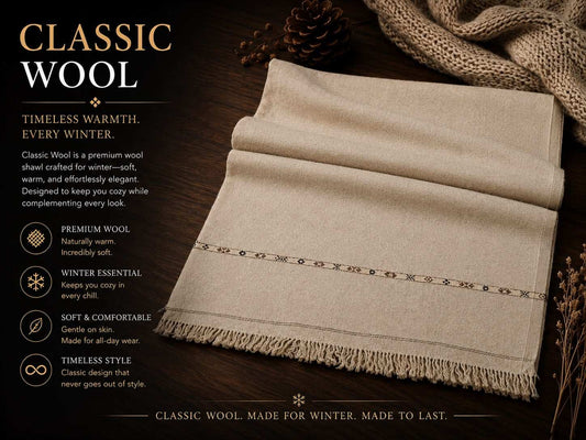 Classic Wool Shawl in beige wool with subtle embroidered border and fringed edges, soft and warm winter essential