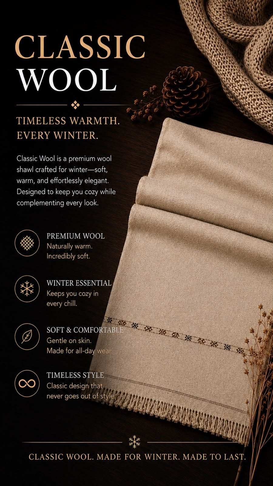 Classic Wool Shawl in beige premium wool with subtle embroidered border and fringed edges, offering timeless warmth and softness