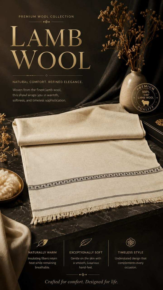 Lamb Wool Shawl in soft beige with subtle decorative border and fringed edges, showcasing premium natural wool fabric