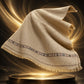 Majestic Wool Shawl in beige with decorative border and fringed edges, woven from soft, warm wool with a timeless elegant pattern.