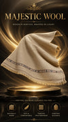 Majestic Wool Shawl in beige with decorative border and fringed edges, woven from soft, warm wool with a timeless elegant pattern.