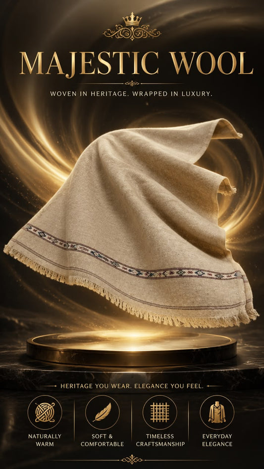 Majestic Wool Shawl in beige with decorative border and fringed edges, woven from soft, warm wool with a timeless elegant pattern.