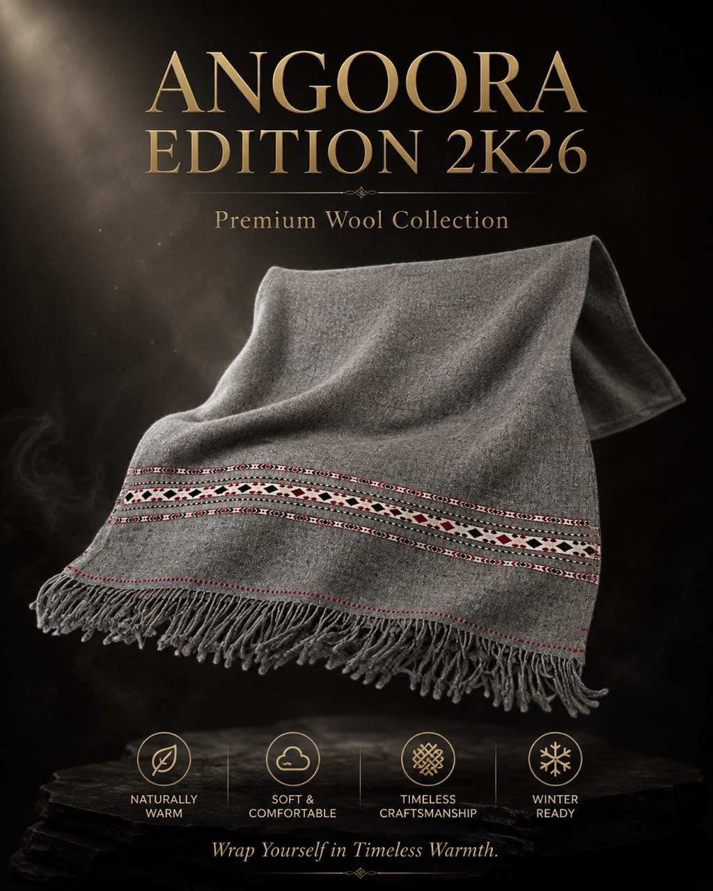 Angoora Edition 2K26 grey wool shawl with intricate patterned border and fringed edges, soft and warm luxury wrap