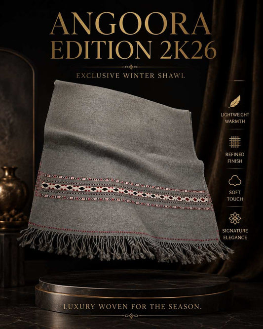Angoora Edition 2K26 grey woolen shawl with intricate red and black patterned border and fringed edges