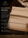 Classic Wool Shawl in beige wool with subtle dark decorative stripe and fringed edges, providing warmth and timeless style