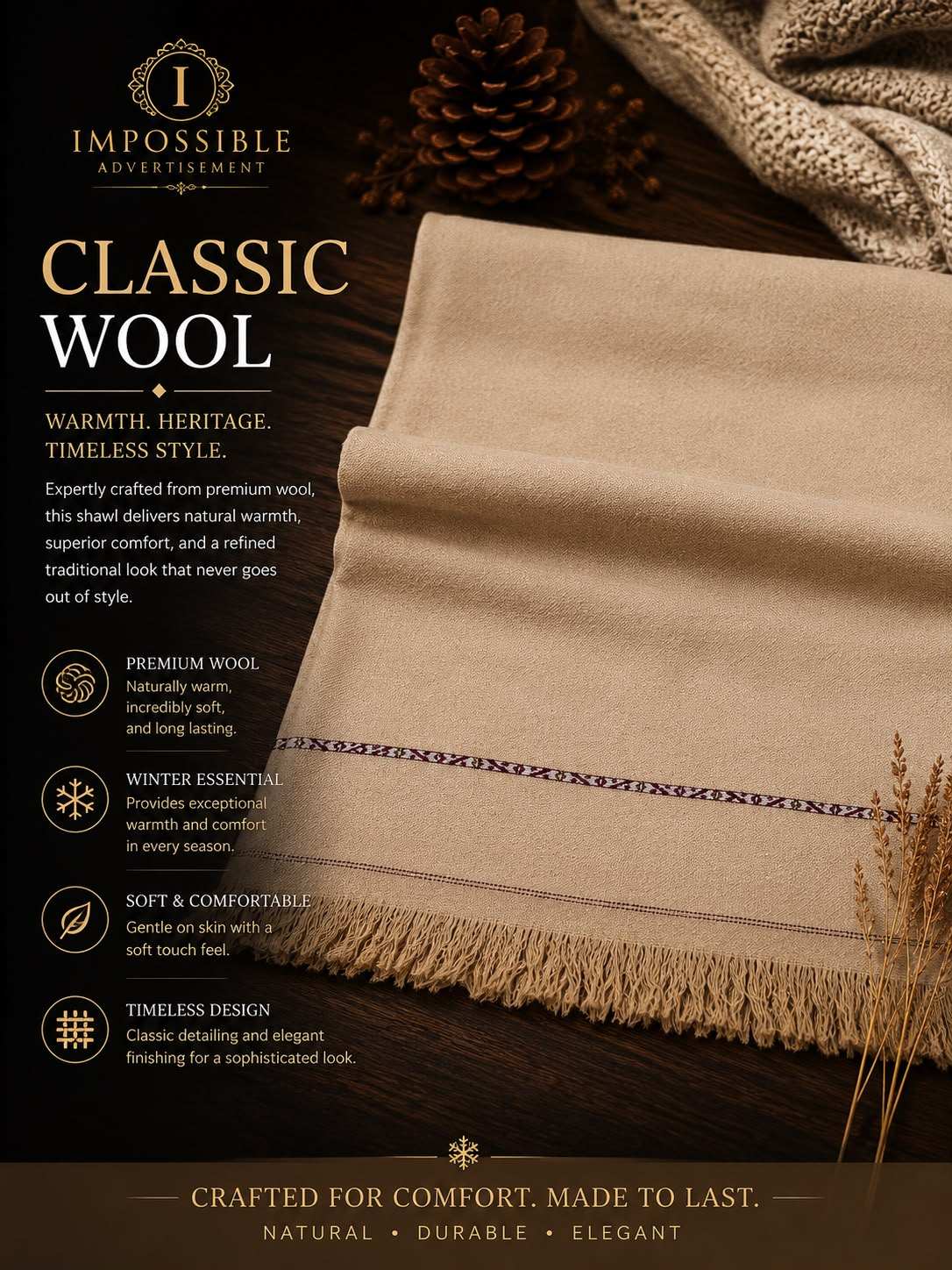 Classic Wool Shawl in beige wool with subtle dark decorative stripe and fringed edges, providing warmth and timeless style