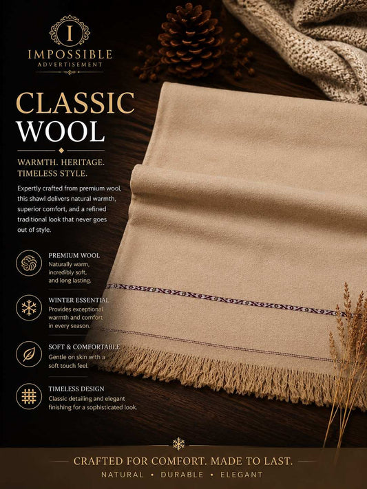 Classic Wool Shawl in beige wool with subtle dark decorative stripe and fringed edges, providing warmth and timeless style