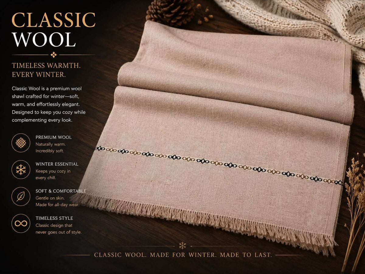 Classic Wool Shawl in soft beige wool with subtle horizontal embroidered pattern and fringed edges for winter warmth