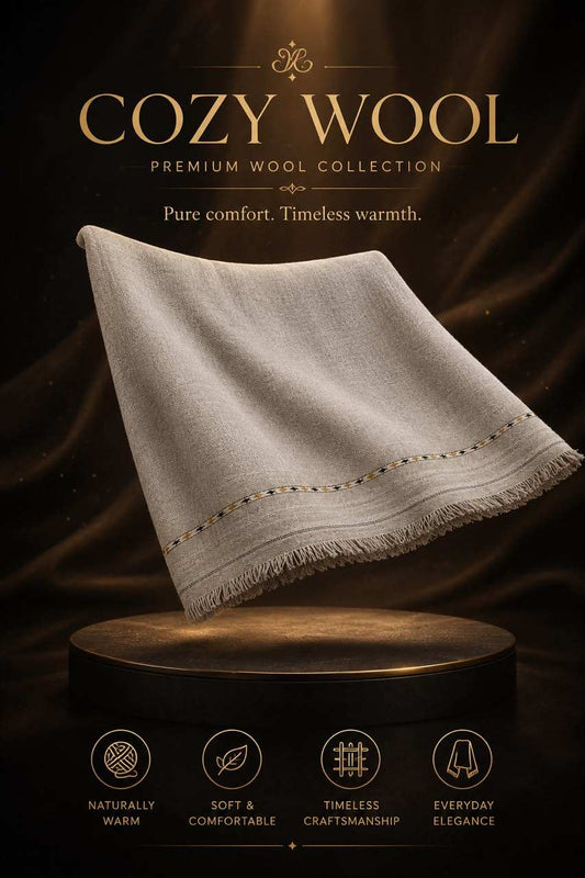 Cozy Wool Shawl in soft beige wool with subtle fringed edges and a delicate embroidered border detail for timeless warmth