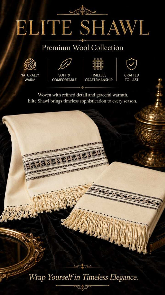 Elite Wool Shawl in cream wool with intricate black geometric border patterns and fringed edges, showcasing refined craftsmanship