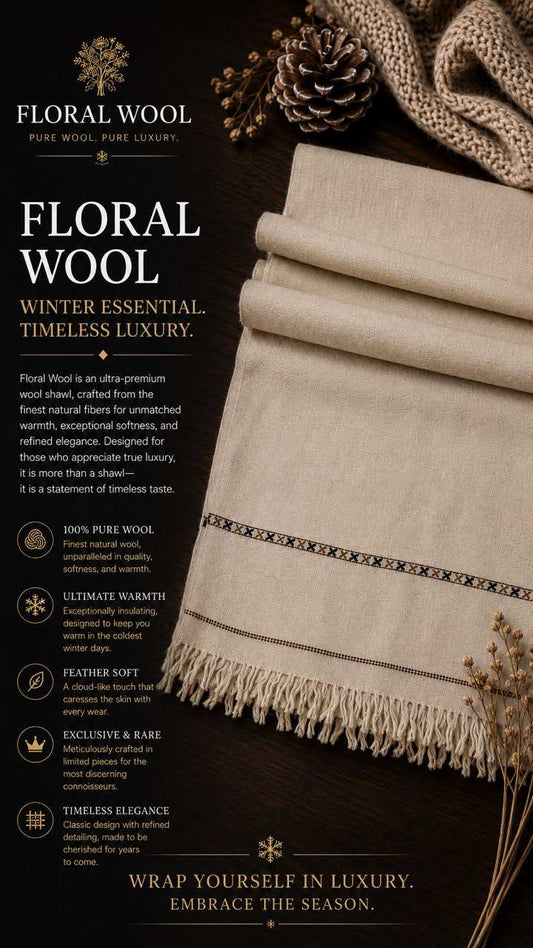 Floral Wool Shawl in beige with delicate floral embroidery and fringed edges made from premium soft wool