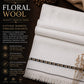 Floral Wool Shawl in soft cream wool with delicate black and tan floral border pattern and fringed edges