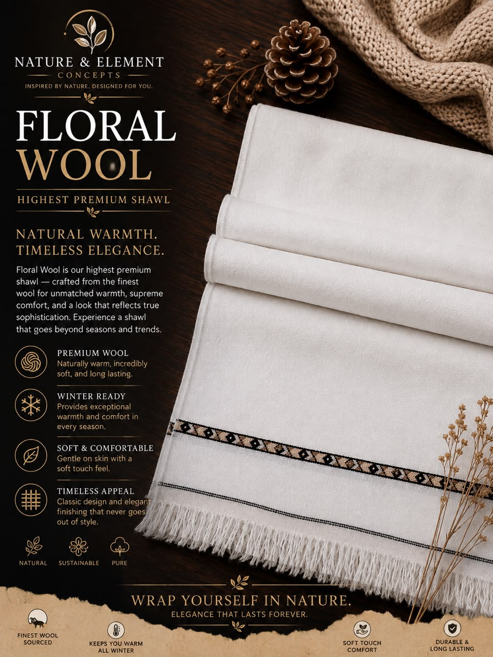 Floral Wool Shawl in soft cream wool with delicate black and tan floral border pattern and fringed edges