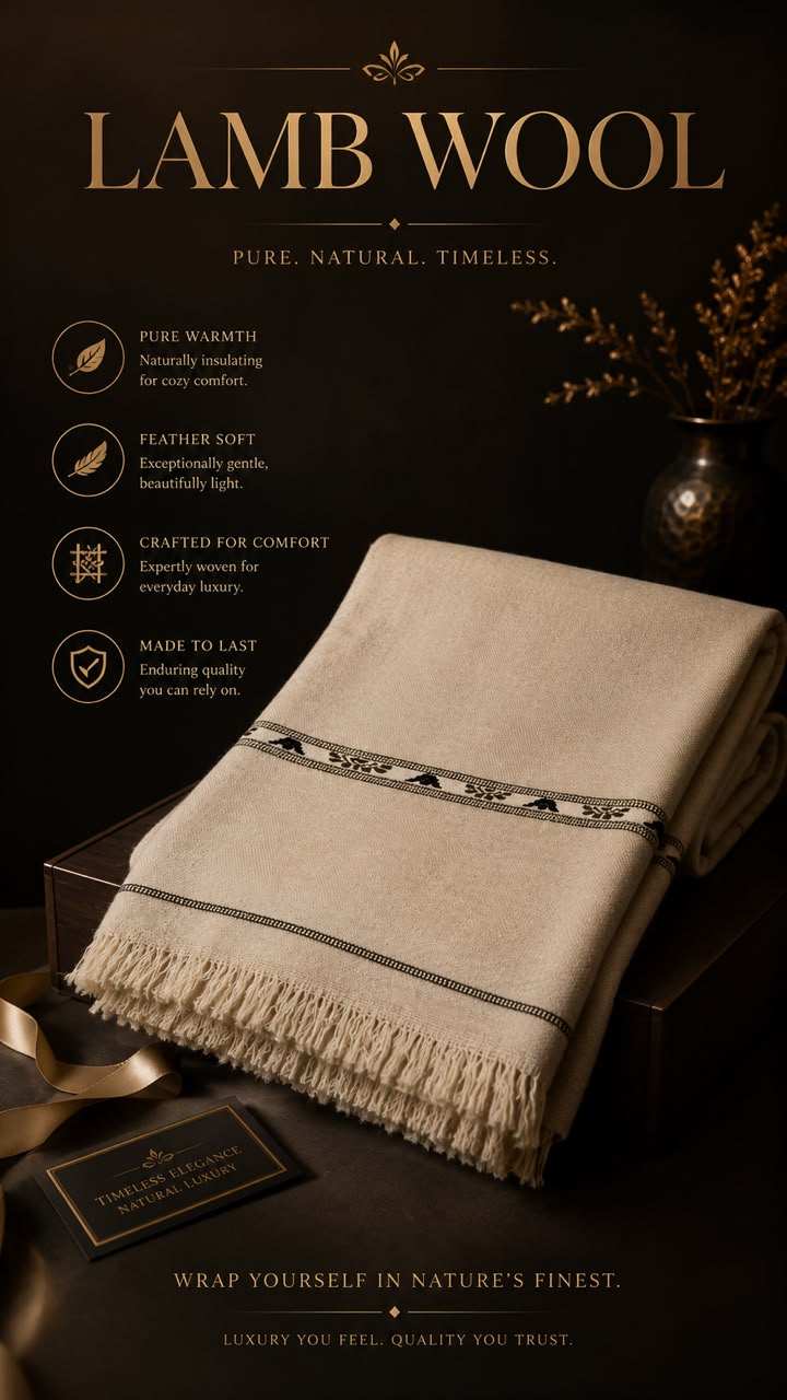 Lamb Wool Shawl in soft beige wool with black decorative stripes and fringed edges, showcasing premium natural texture and warmth