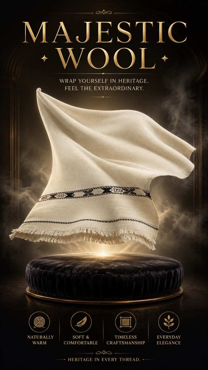 Majestic Wool Shawl in cream wool with black geometric border pattern and fringed edges, soft and warm luxury wrap.
