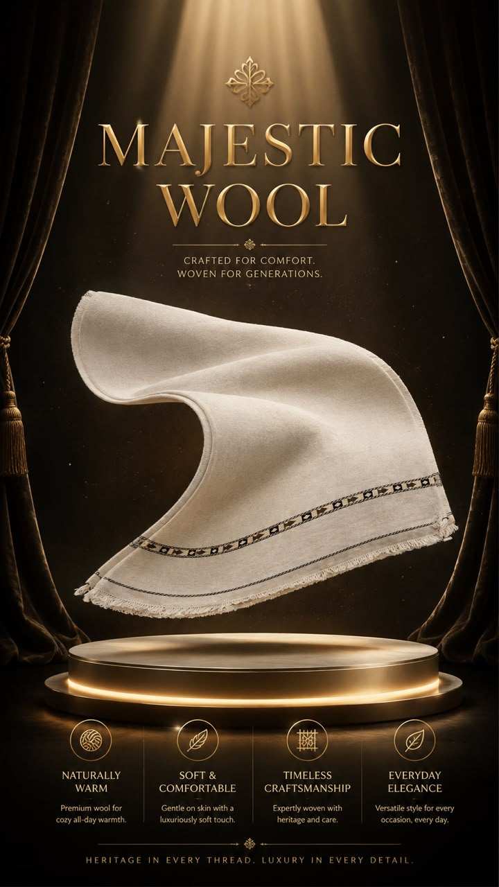 Majestic Wool Shawl in soft, off-white wool with a delicate black and gold border, showcasing elegant drape and premium texture