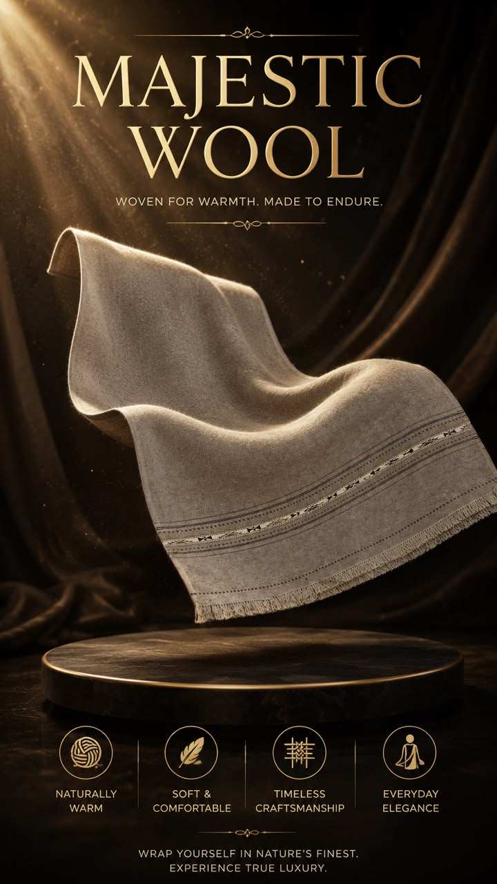Majestic Wool Shawl in soft taupe wool with subtle decorative border, featuring rich texture and elegant drape