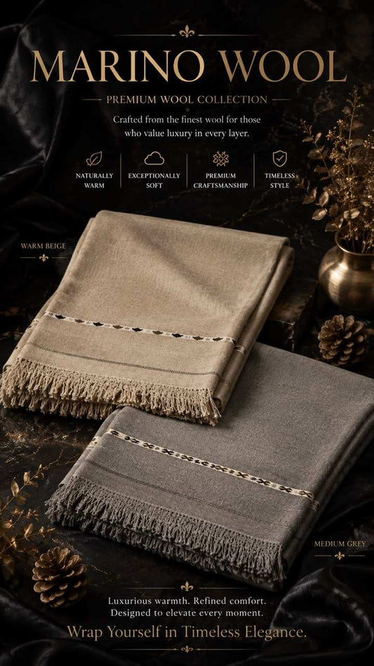 Merino Wool Shawl in warm beige and medium grey with premium craftsmanship, subtle decorative stripes, and fringed edges