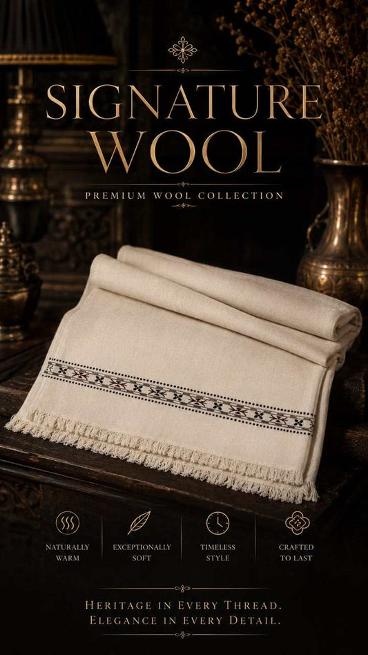 Signature Wool Shawl in cream wool with a delicate black patterned border and fringed edges, showcasing timeless elegance.