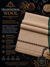 Traditional Wool Shawl in beige with intricate multicolor geometric border and fringed edges, showcasing premium wool texture